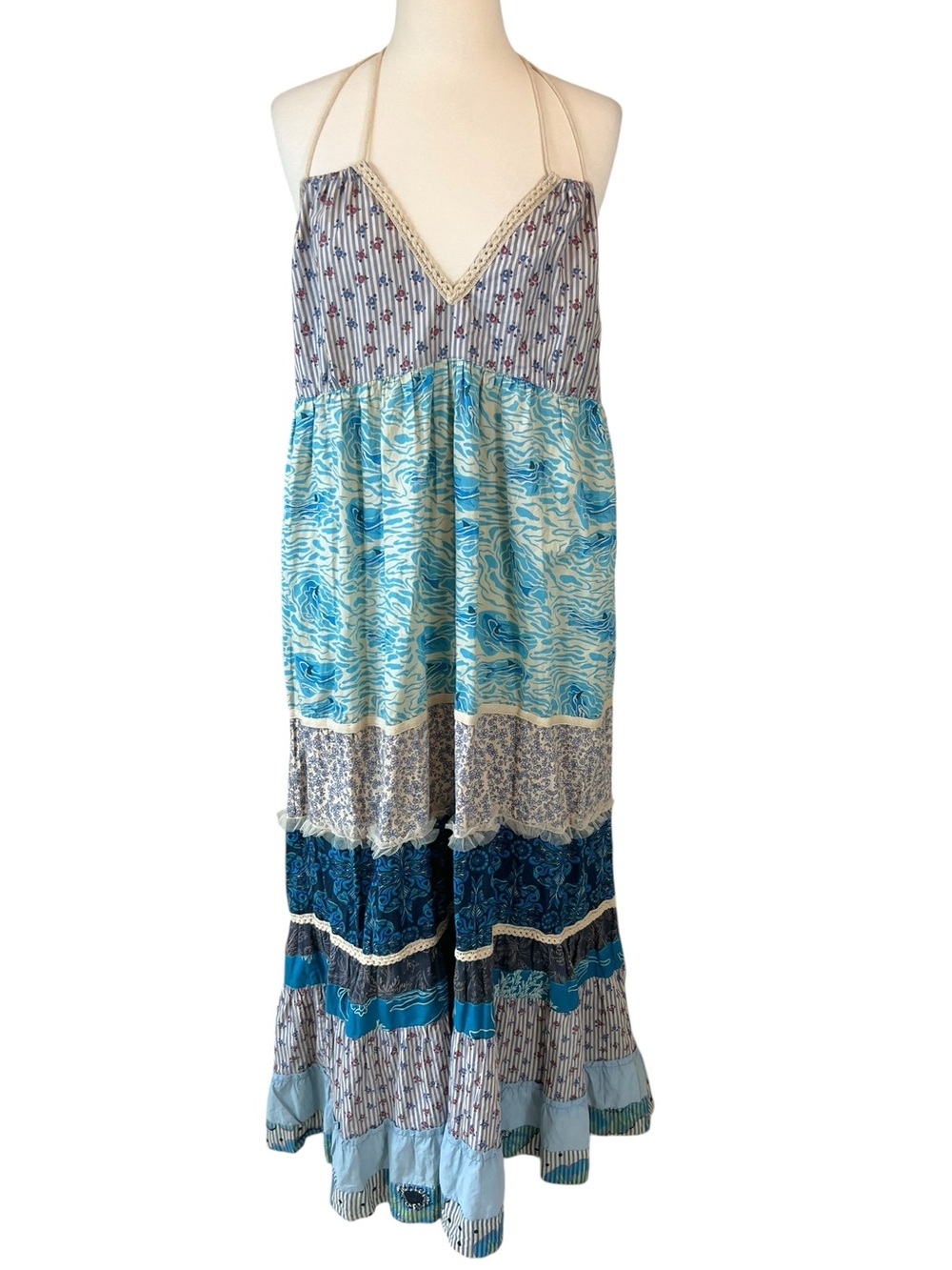 Jaded Gypsy Patchwork Dreams Blue Floral Halter Maxi Dress